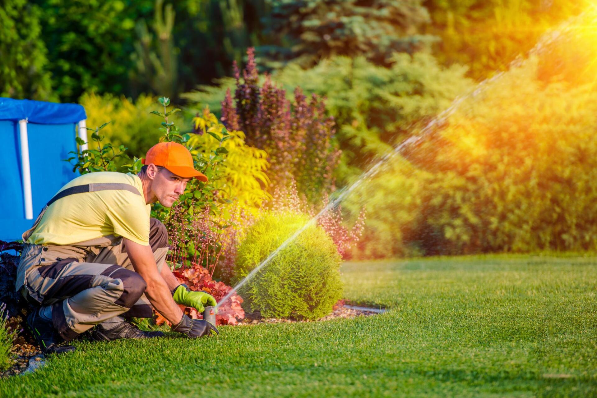 gardener holding the lawn sprinkler